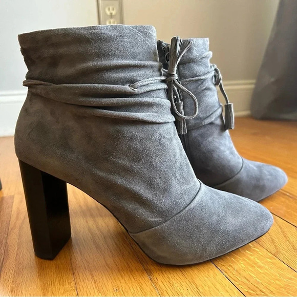 White House Black Market Gray Suede Booties Size 8. Side Zip Pull-on. - Picture 1 of 8